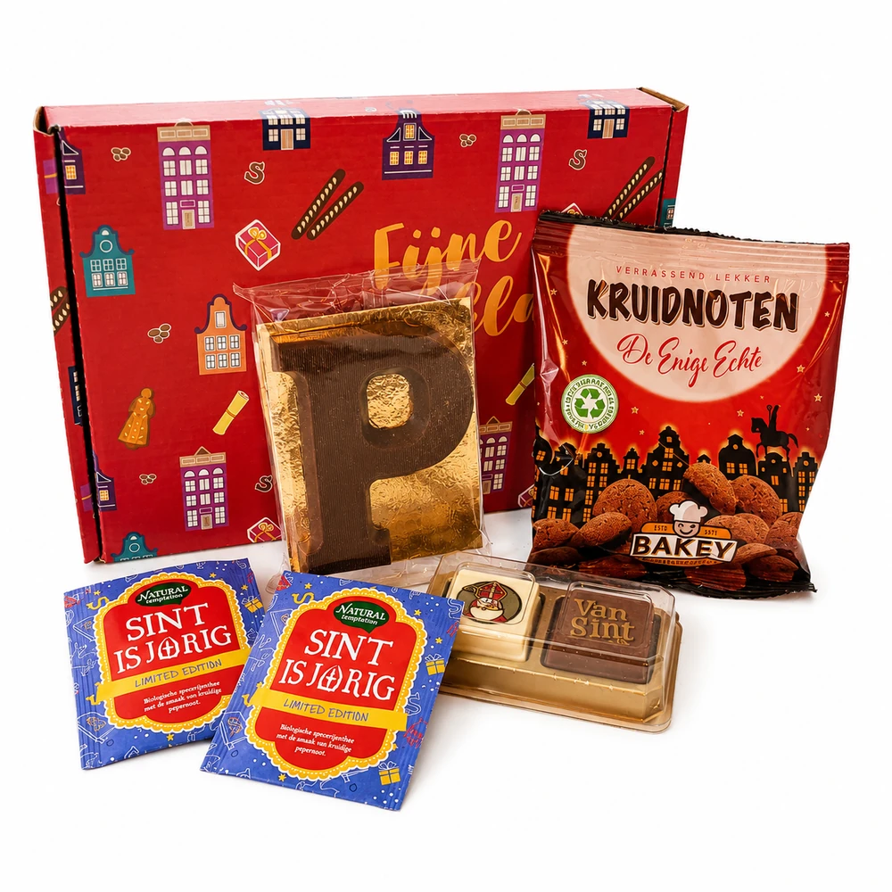 Brievenbuspakket met Pralines (2 stuks) kruidnootjes 50 gram, schoenletter en Sint is jarig thee