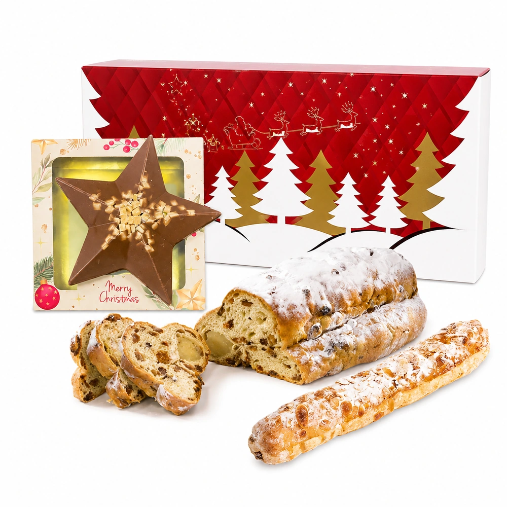 Geschenkdoos met kerststol (500 gram), banketstaaf en chocolade kerstster karamel zeezout
