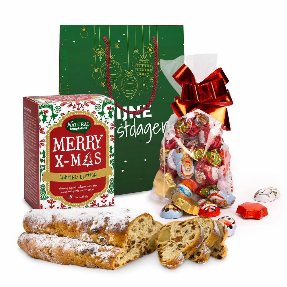 Kersttas met kerststol (500 gram) chocolade kerstmix (250 gram) en Merry Xmas thee Natural Temptation