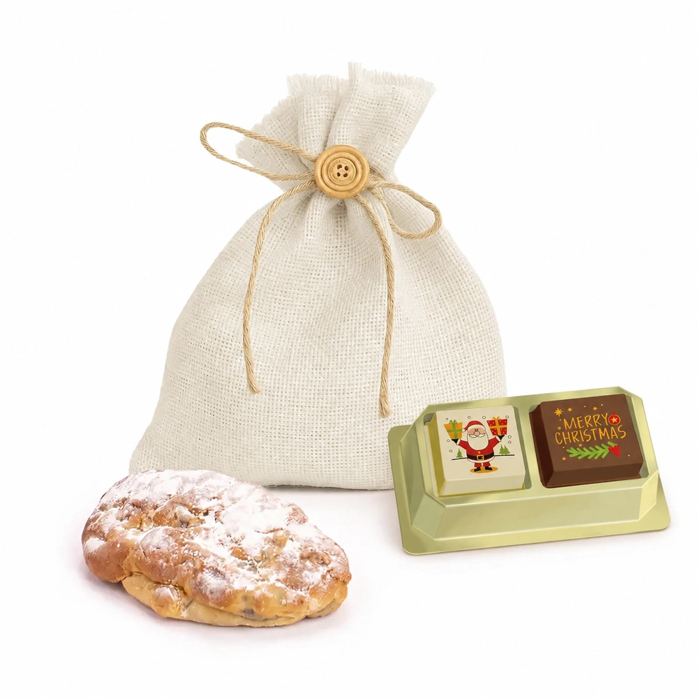 Kersttasje met pralines (2 stuks) en mini stol