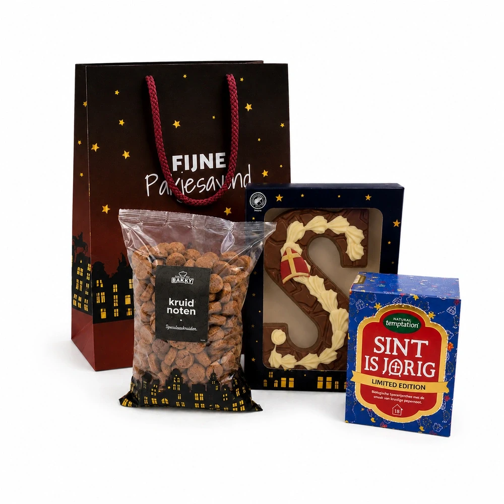 Sinttas met Bakey kruidnoten (200 gram) gedecoreerde chocoladeletter (200 gram) en doos Sint is jarig thee
