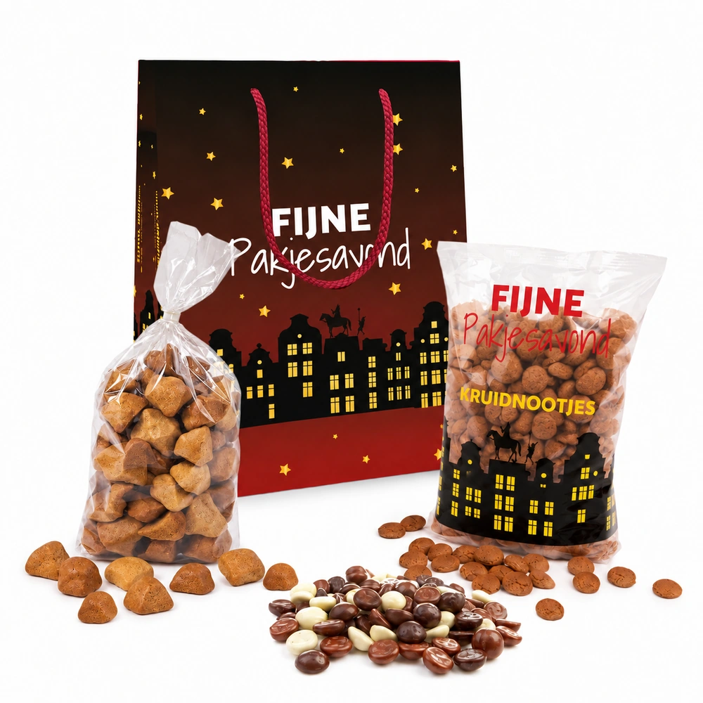 Sinttas met Bakey kruidnoten (200 gram), oud Hollandse pepernoten (250 gram) en chocolade kruidnoten (250 gram)