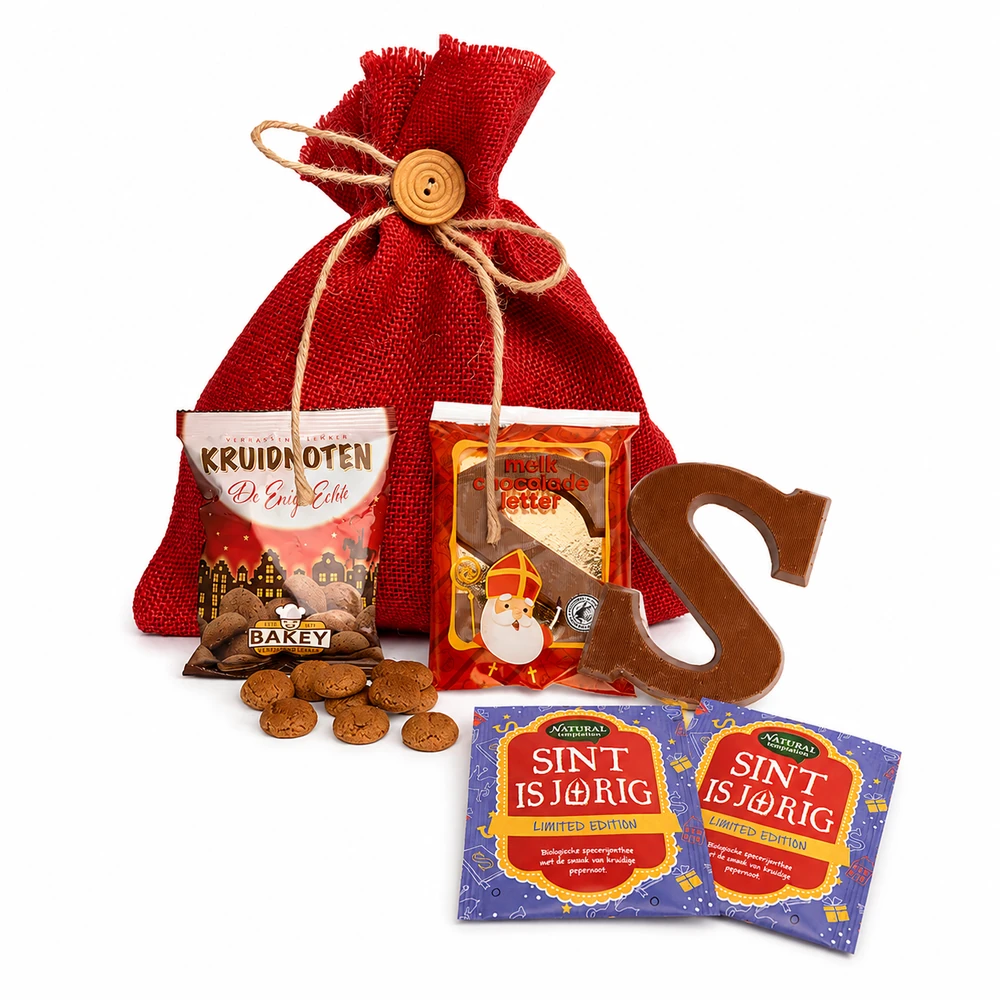 Sintzakje met Bakey kruidnoten 50 gram, schoenletter 40 gram en 2 zakjes thee Sint is jarig