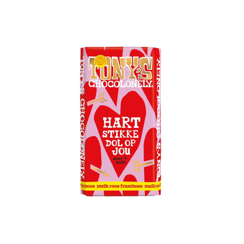 Tony Chocolonely Hartstikke dol op jou reep - Melk-roos-framboos 180 gram